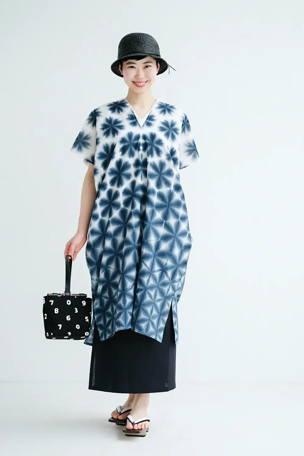 Karesansui Kiyoshi-giri Chita-Baumwolle Bun Langärmliges Kleid / Futatsumimi / Veränderte Schneeflocke, Tintenfarbe 