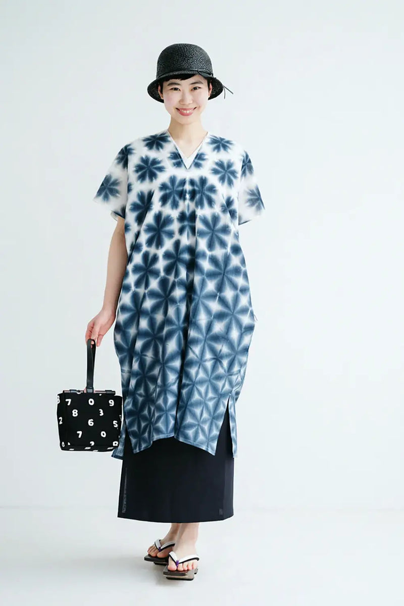 Karesansui Kiyoshi-giri Chita-Baumwolle Bun Langärmliges Kleid / Futatsumimi / Veränderte Schneeflocke, Tintenfarbe 