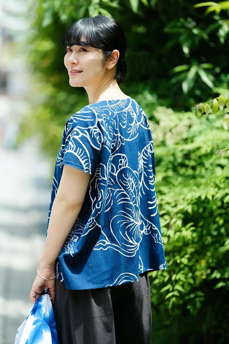 Takashima Shukuse 20/20 Blaudruck (Ainasen) Quadrat-Kleid (Shikaku-i)? flying elephants 