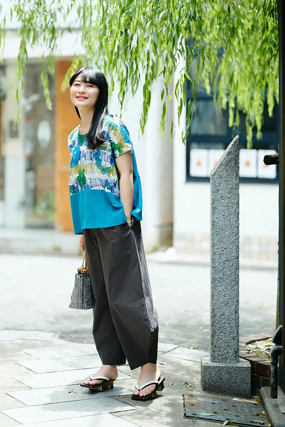 Takashima Shrink 20/20 Vierkantkimonoset mit Schultermuster / Azukari × hellgrün 