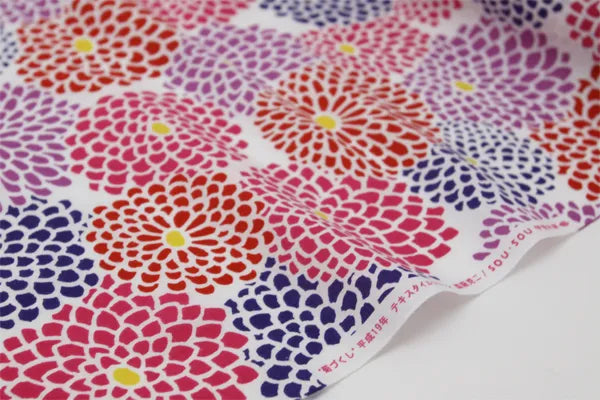 テキスタイル計り売り （伊勢木綿：特岡）／菊づくし 紺桔梗×猩々緋＜50cm＞