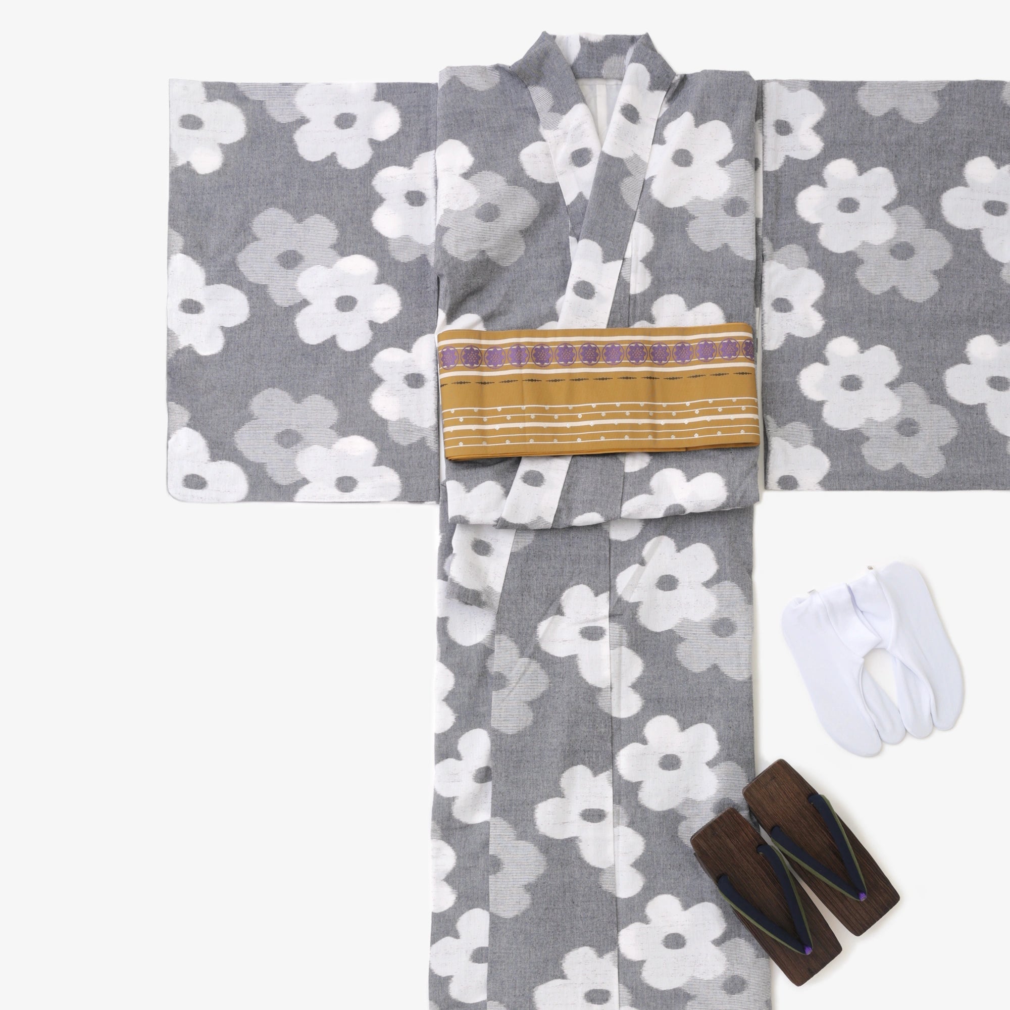 【※Custom Sewing Price Excluded】Kurume Kasuri Fabric / Layered Flowers Light Grey