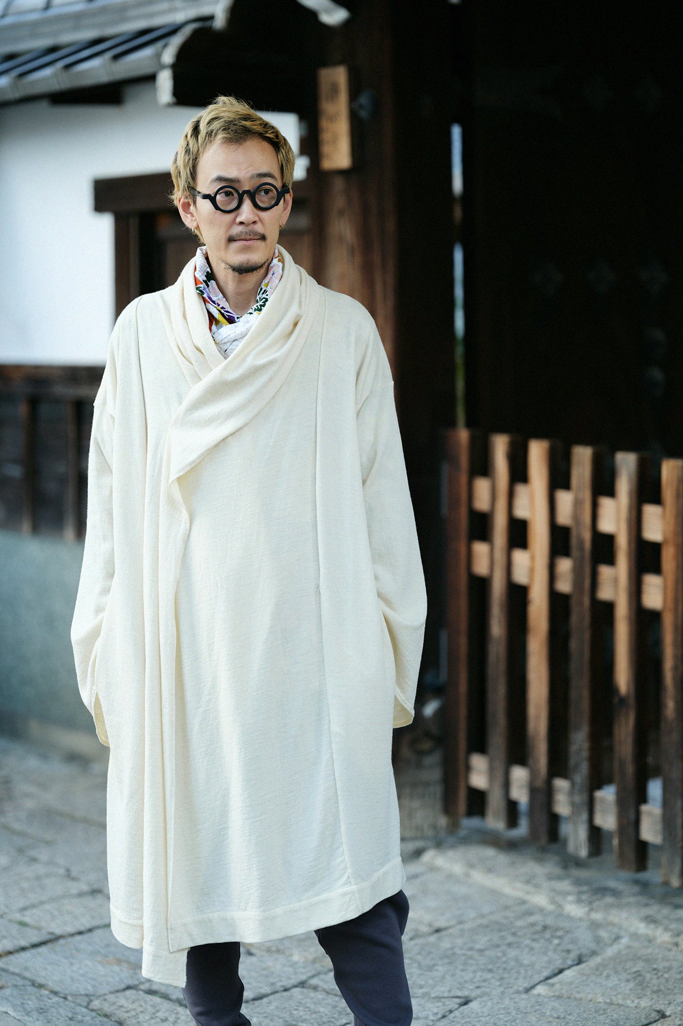 梳毛針織 頭巾羽織 單層／鳥白色