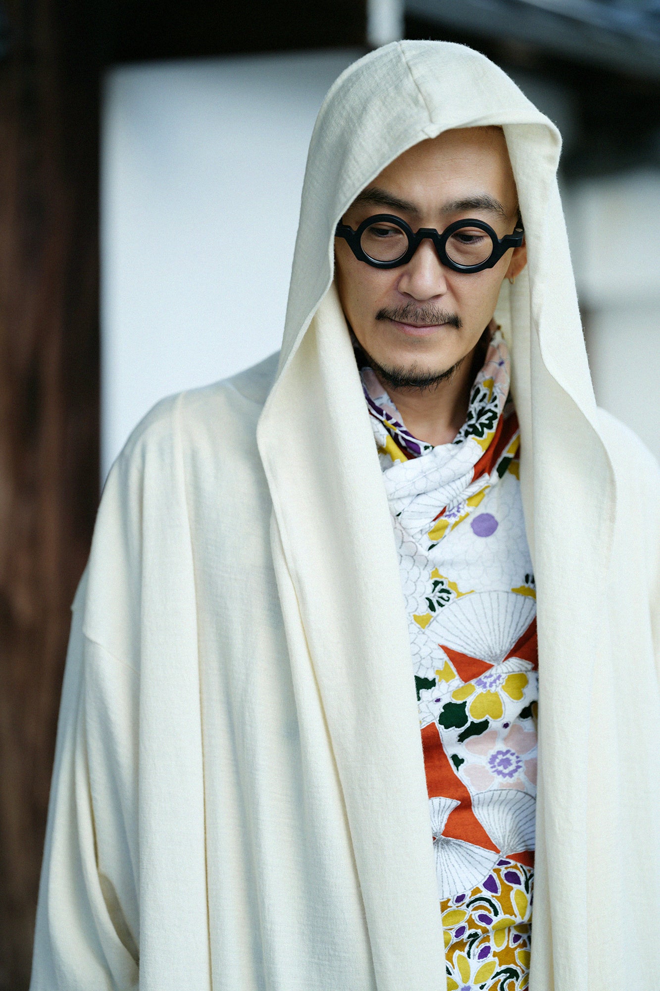 梳毛針織 頭巾羽織 單層／鳥白色