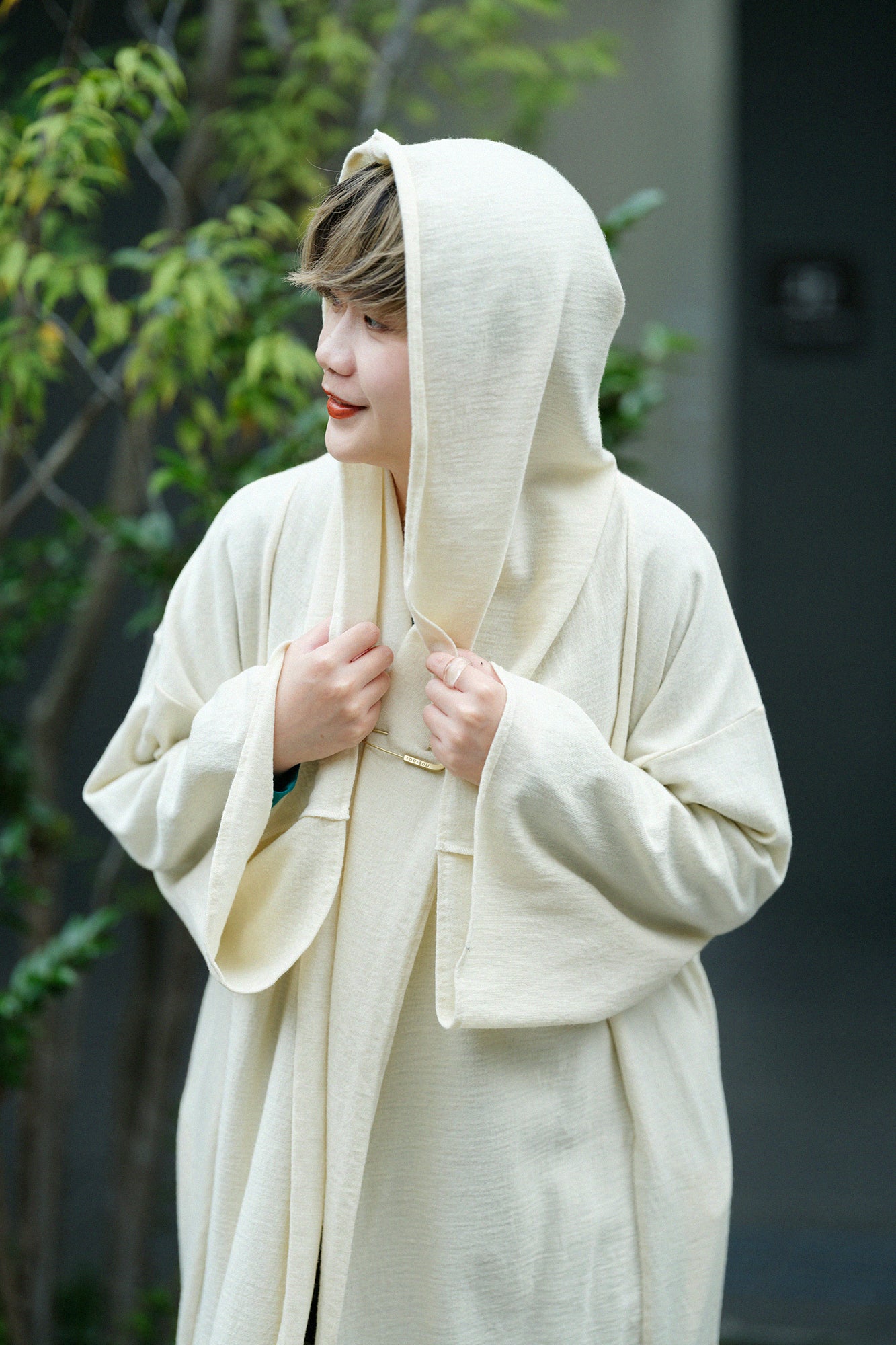 梳毛針織 頭巾羽織 單層／鳥白色