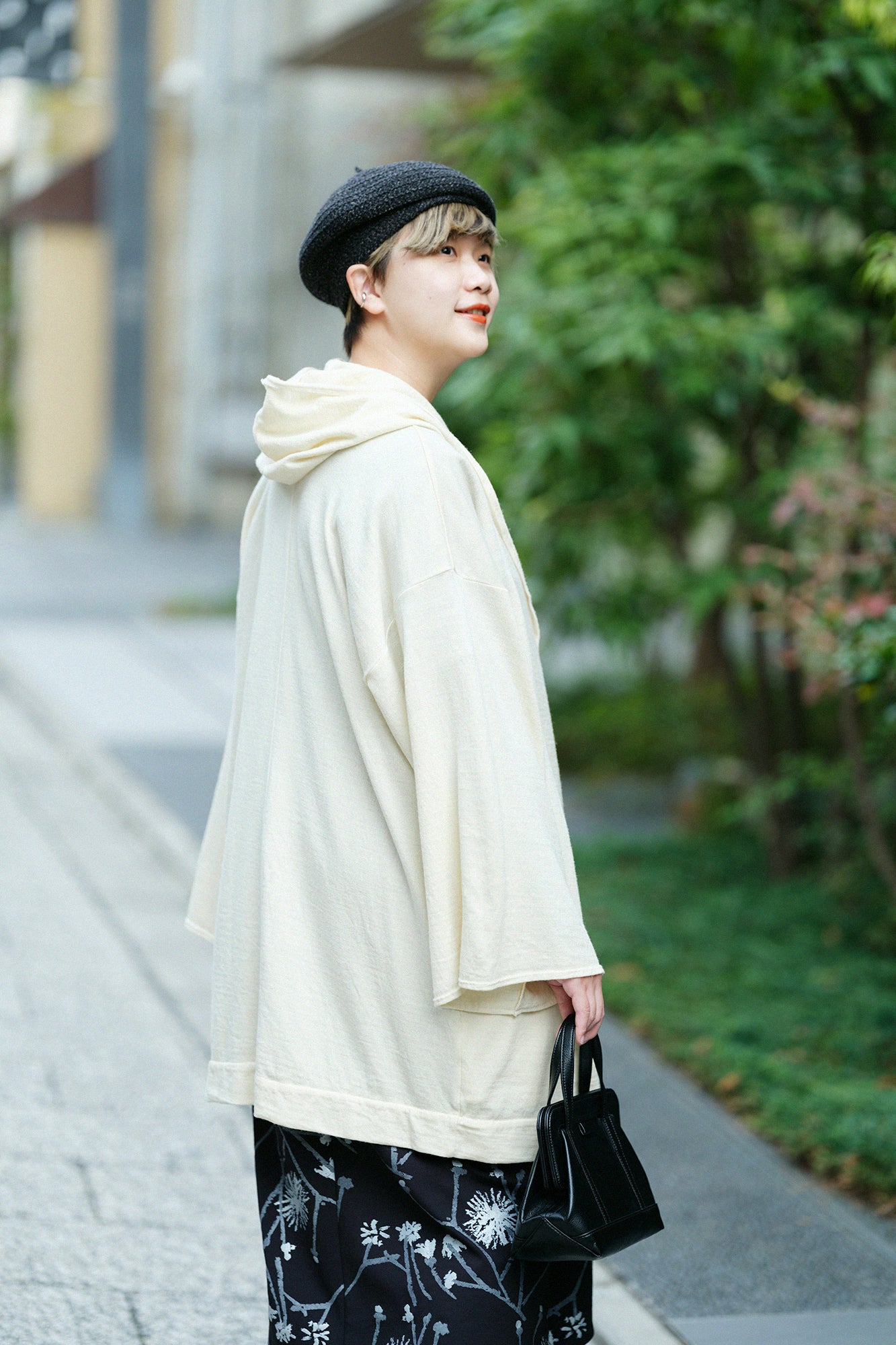 梳毛針織 頭巾羽織 單層／鳥白色