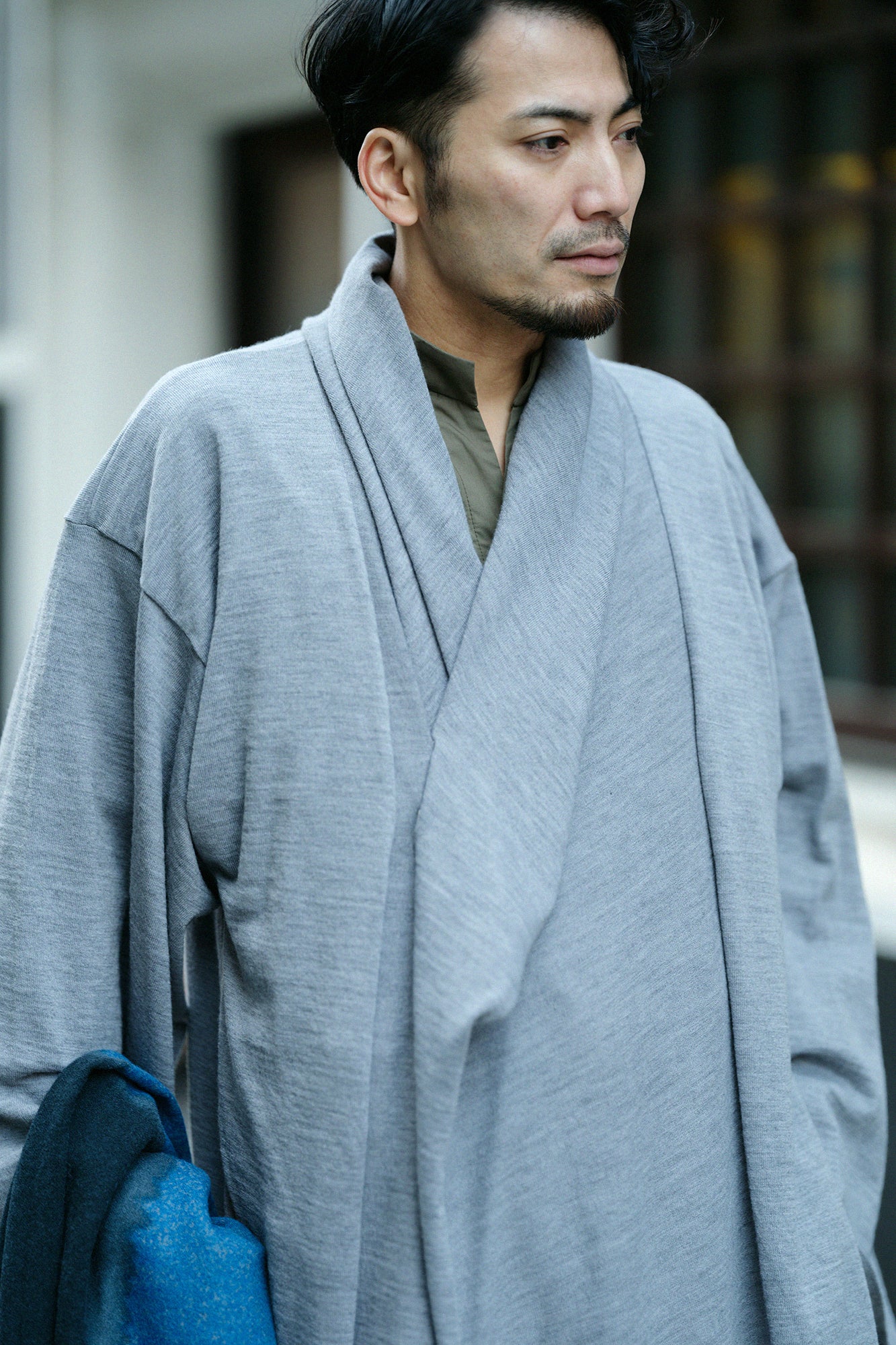 梳毛針織 頭巾羽織 單層／灰色