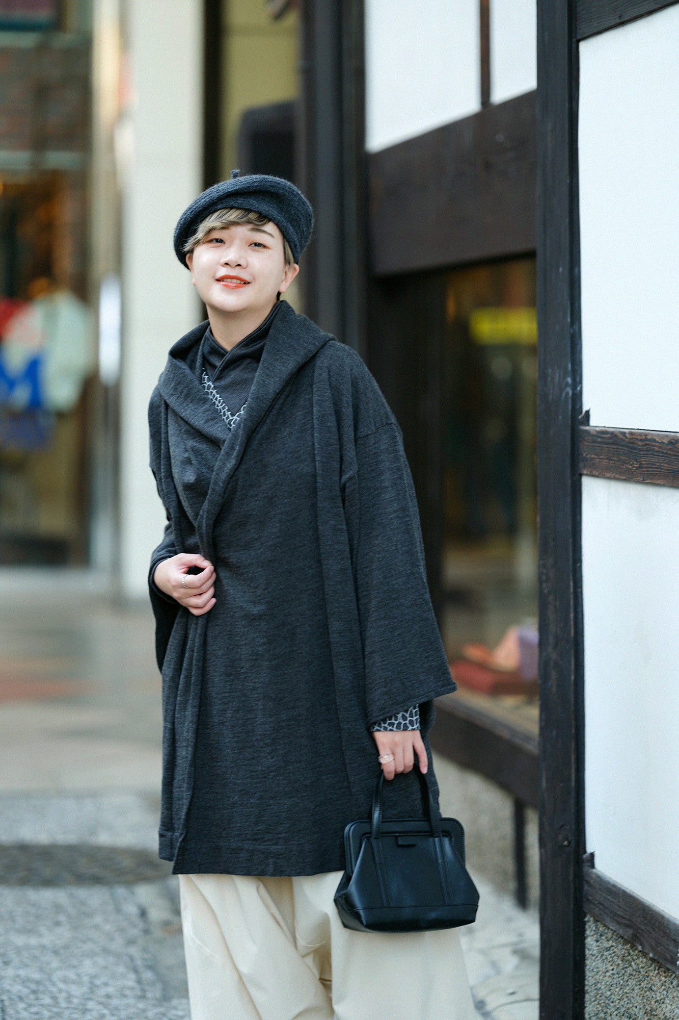 梳毛針織 頭巾羽織 單層／灰炭色