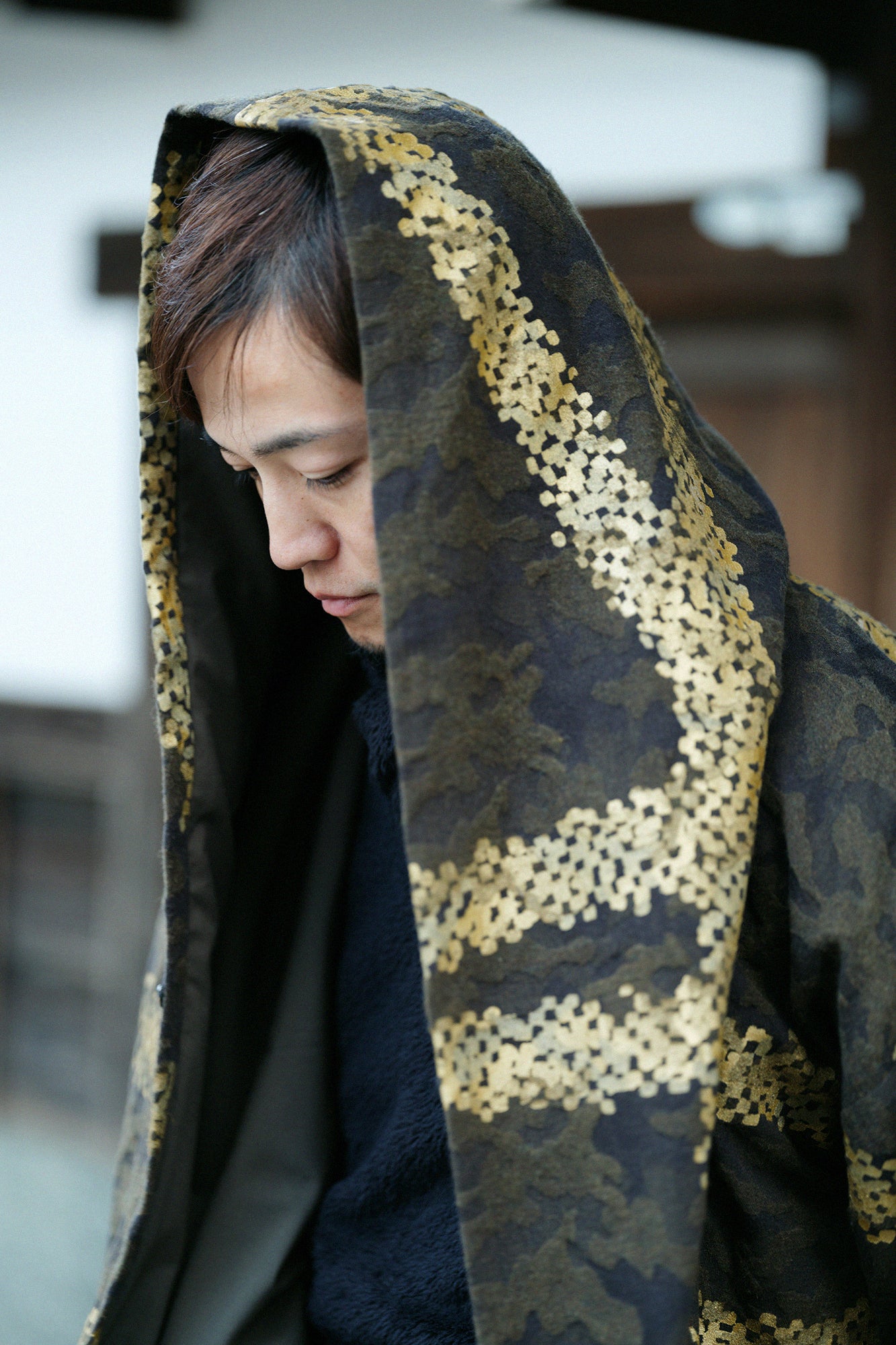 羊毛緹花 頭巾外套 附襯裡／五花大綁