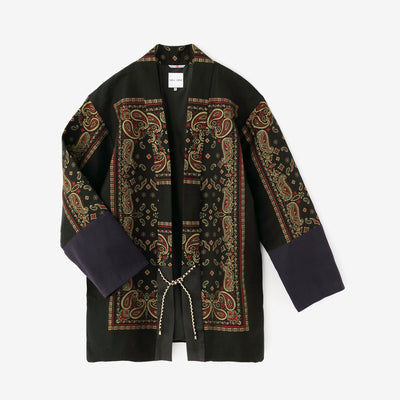 Kiryu Jacquard Bi-color Sleeve Tight Sleeve Hanten Jacket with Lining / Black×Gorgeous
