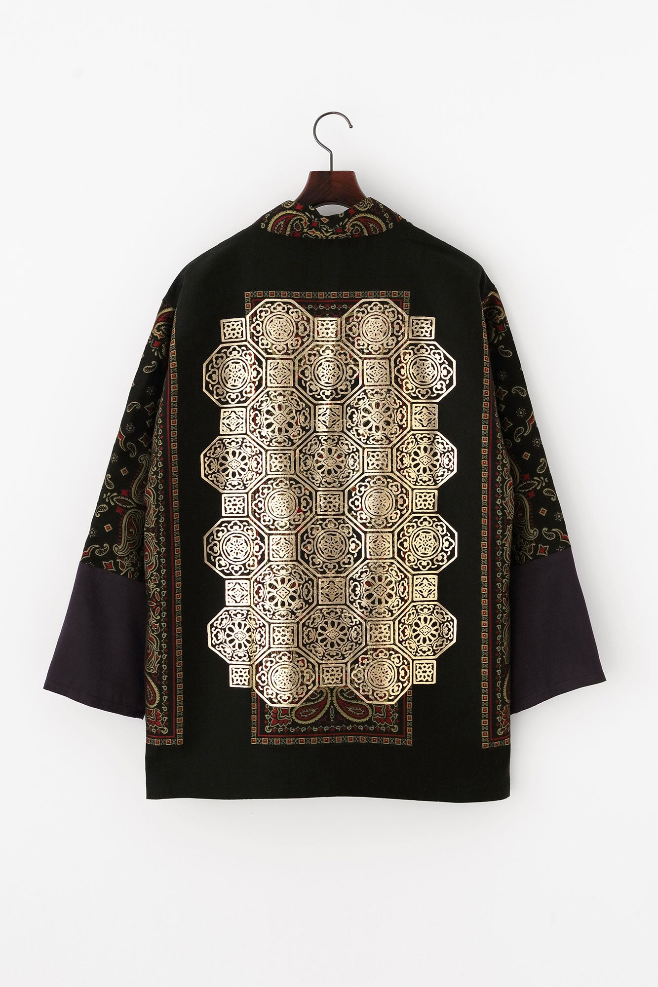 Kiryu Jacquard Bi-color Sleeve Tight Sleeve Hanten Jacket with Lining / Black×Gorgeous