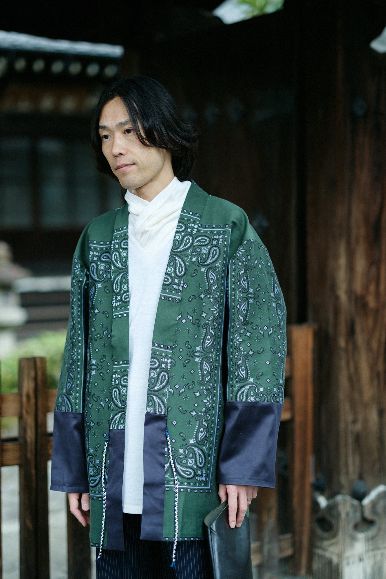 Kiryu Jacquard Bi-color Sleeve Tight Sleeve Hanten Jacket with Lining / Blue Green×Gorgeous