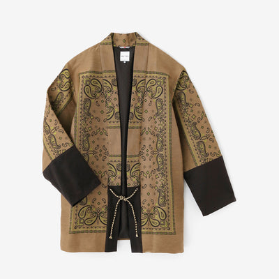 Kiryu Jacquard Bi-color Sleeve Tight Sleeve Hanten Jacket with Lining / Yellowish Brown×Gorgeous