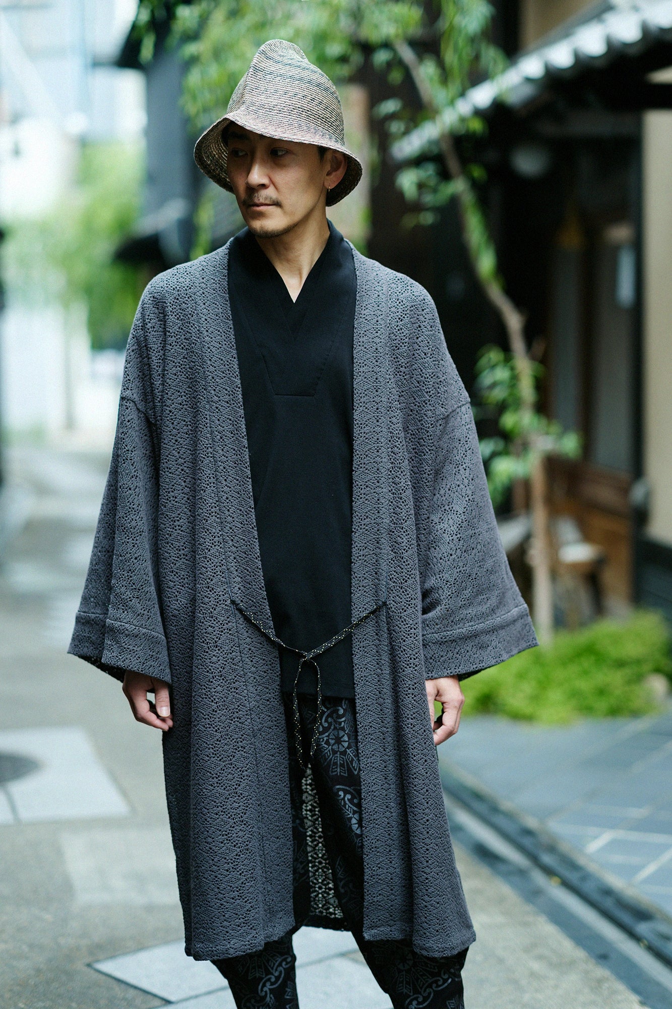 Hollow Out Geometric Embroidery Hanten Long-sleeved Jacket Mid-length Single Layer／Dark Grey