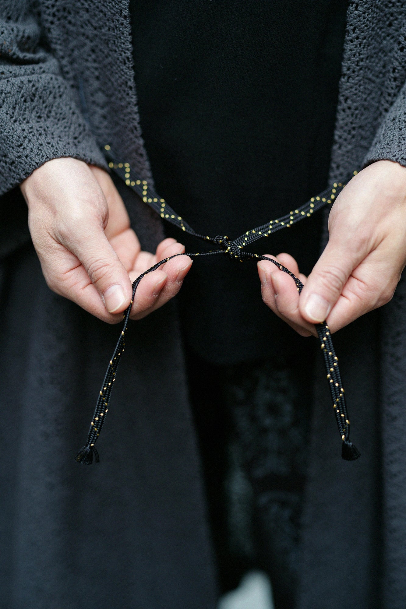 Hollow Out Geometric Embroidery Hanten Long-sleeved Jacket Mid-length Single Layer／Dark Grey