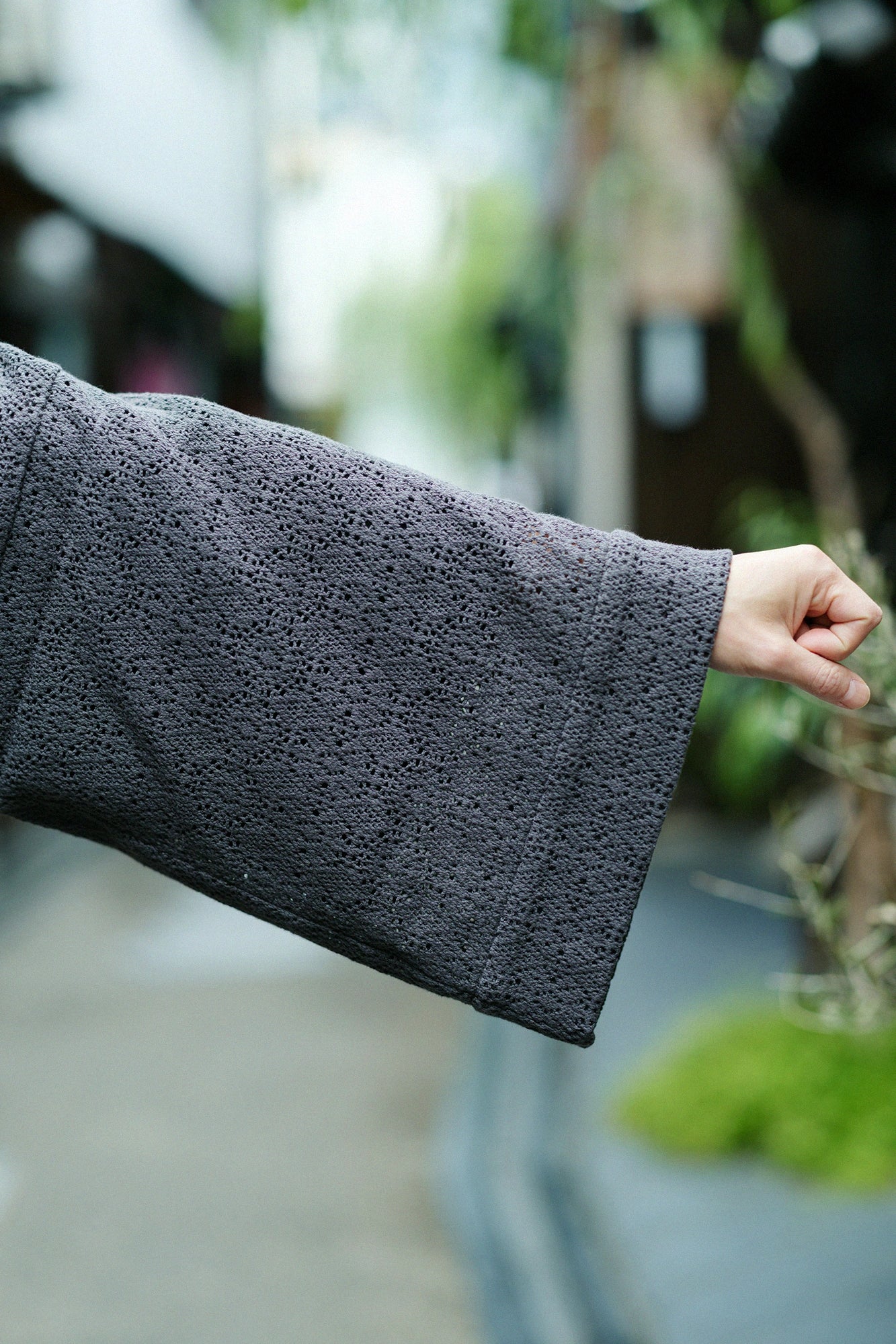 Hollow Out Geometric Embroidery Hanten Long-sleeved Jacket Mid-length Single Layer／Dark Grey