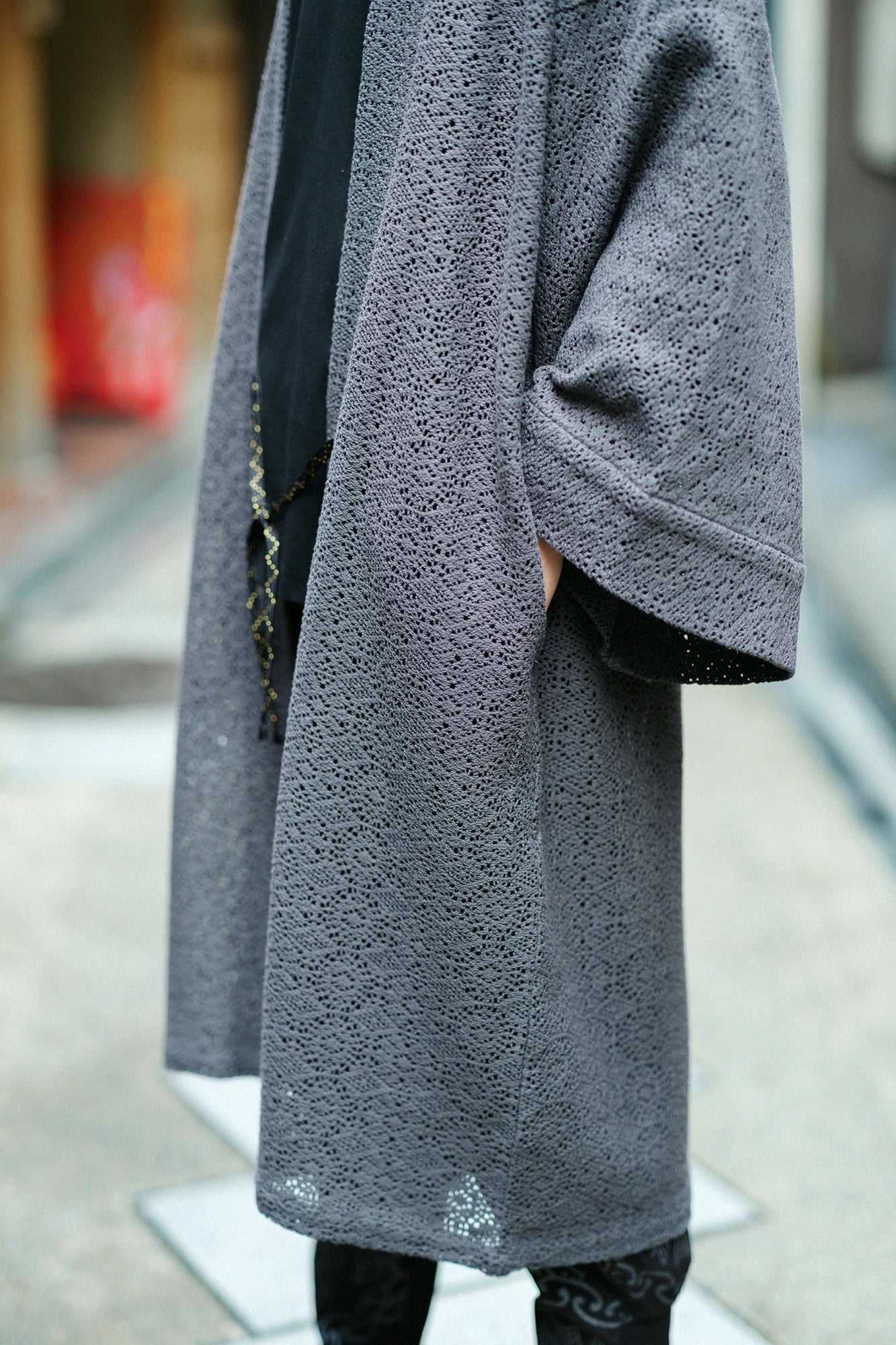 Hollow Out Geometric Embroidery Hanten Long-sleeved Jacket Mid-length Single Layer／Dark Grey