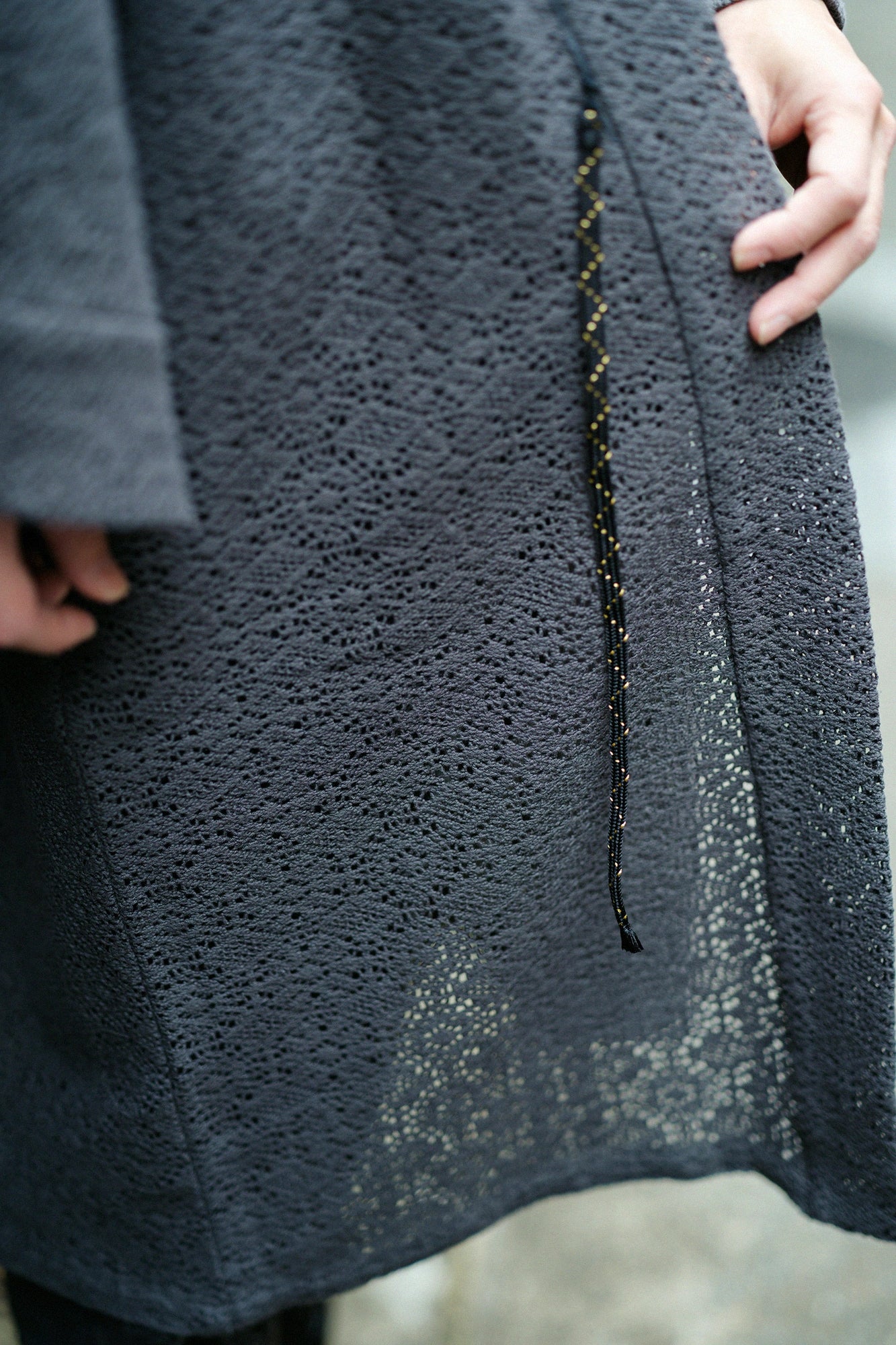 Hollow Out Geometric Embroidery Hanten Long-sleeved Jacket Mid-length Single Layer／Dark Grey