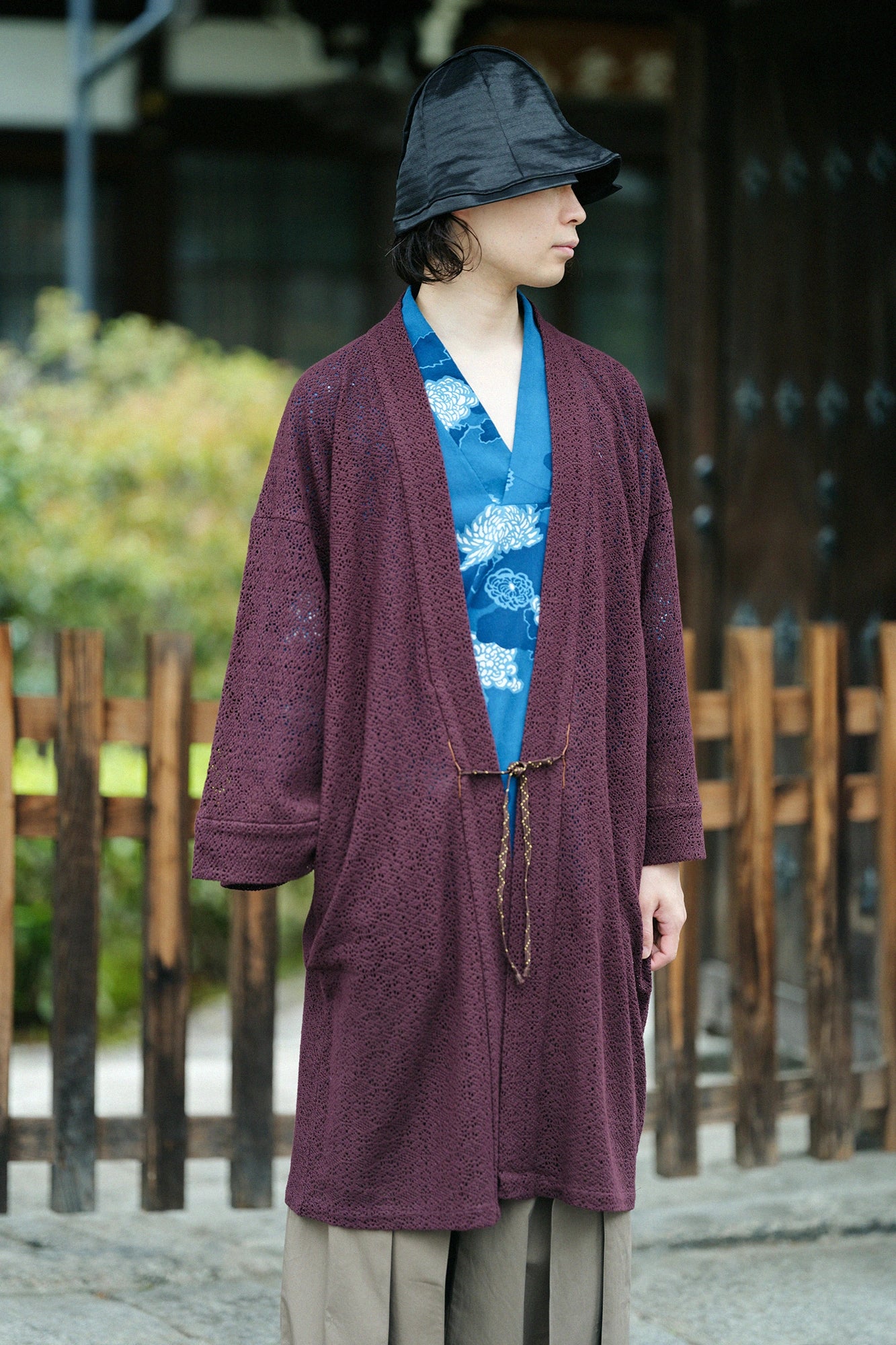 Hollow Out Geometric Embroidery Hanten Long-sleeved Jacket Mid-length Single Layer／Brown