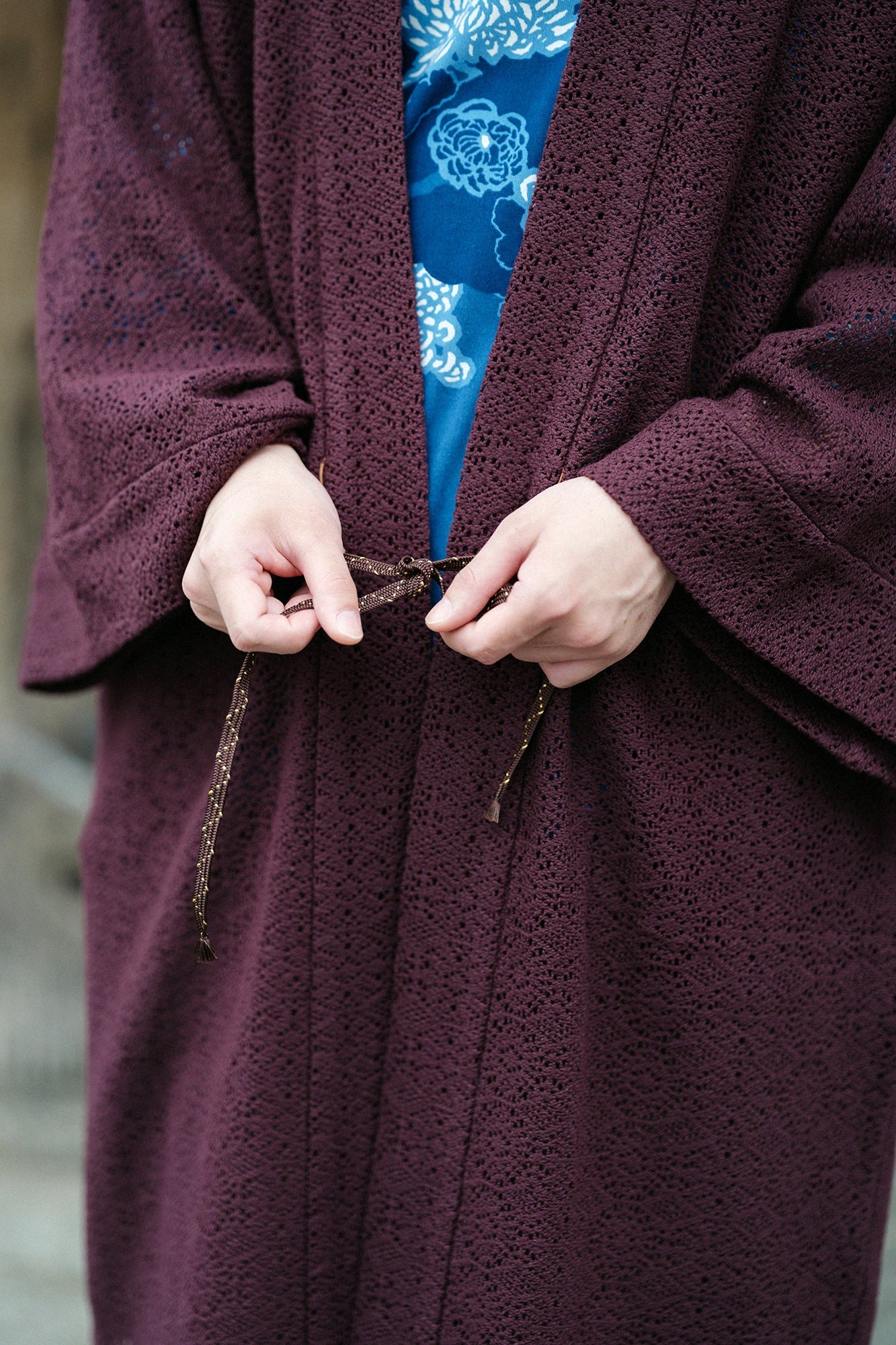 Hollow Out Geometric Embroidery Hanten Long-sleeved Jacket Mid-length Single Layer／Brown