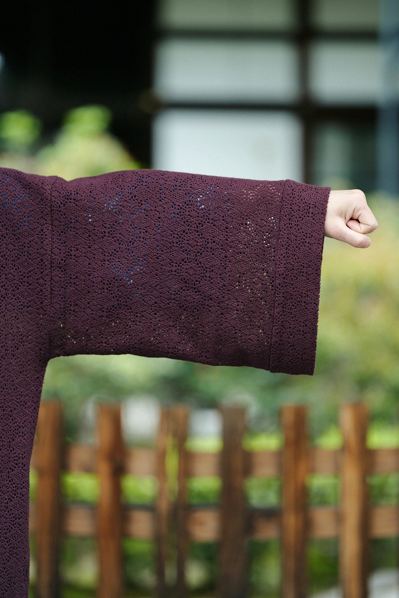 Hollow Out Geometric Embroidery Hanten Long-sleeved Jacket Mid-length Single Layer／Brown