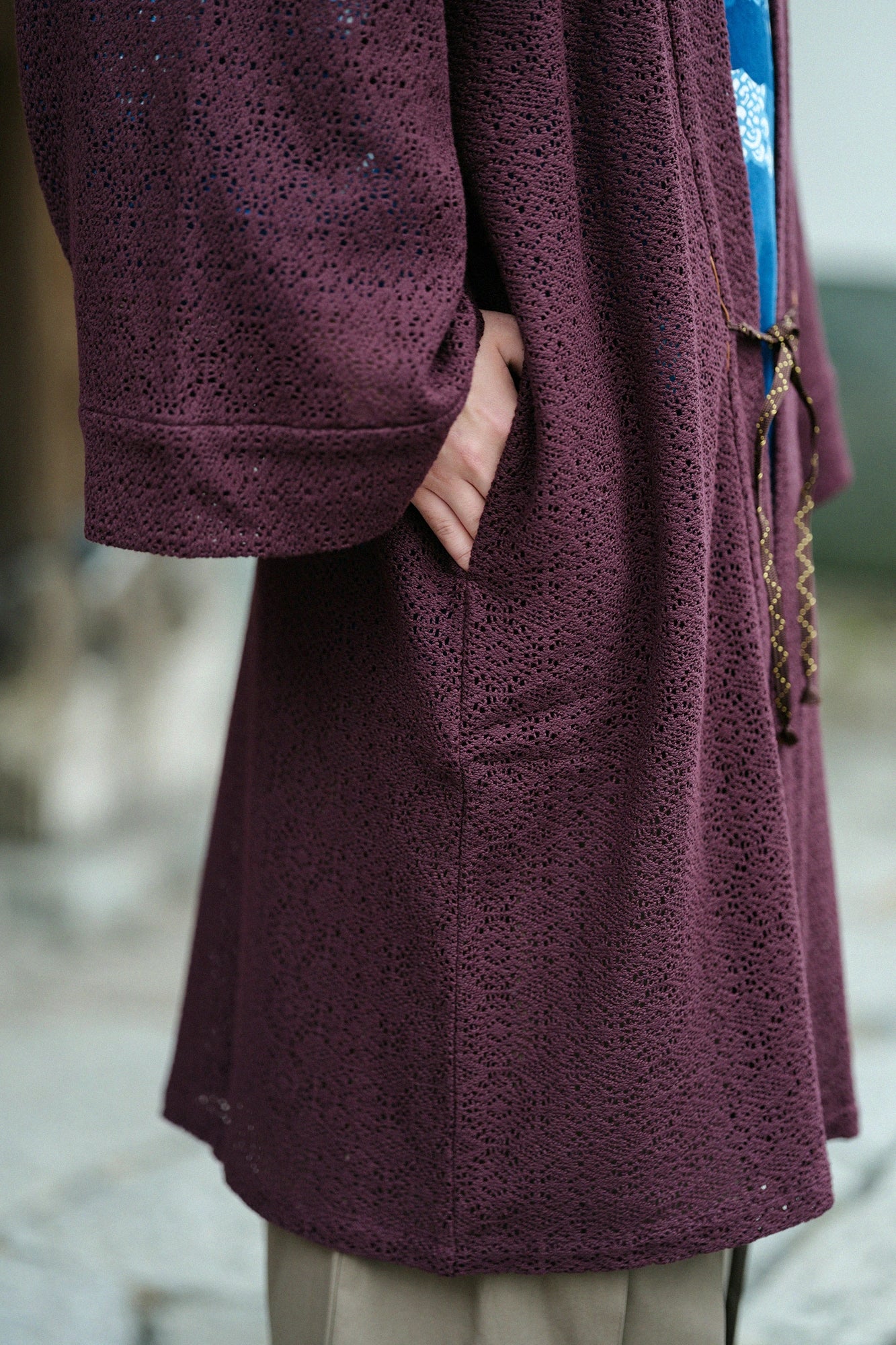 Hollow Out Geometric Embroidery Hanten Long-sleeved Jacket Mid-length Single Layer／Brown