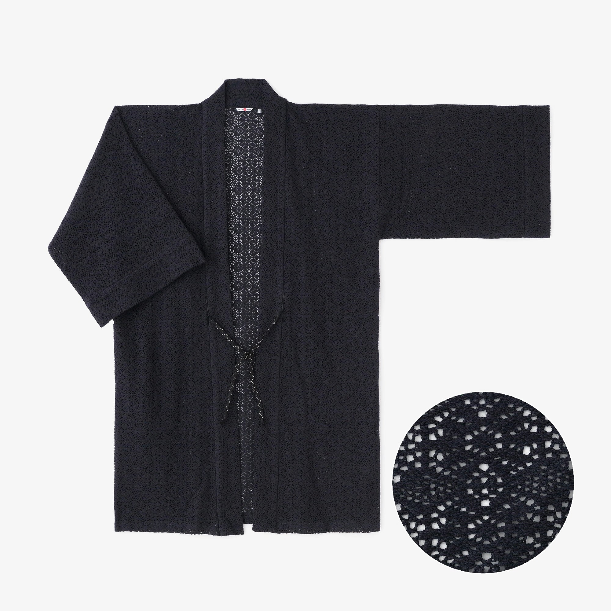 Hollow Out Geometric Embroidery Hanten Long-sleeved Jacket Mid-length Single Layer／Dark Navy