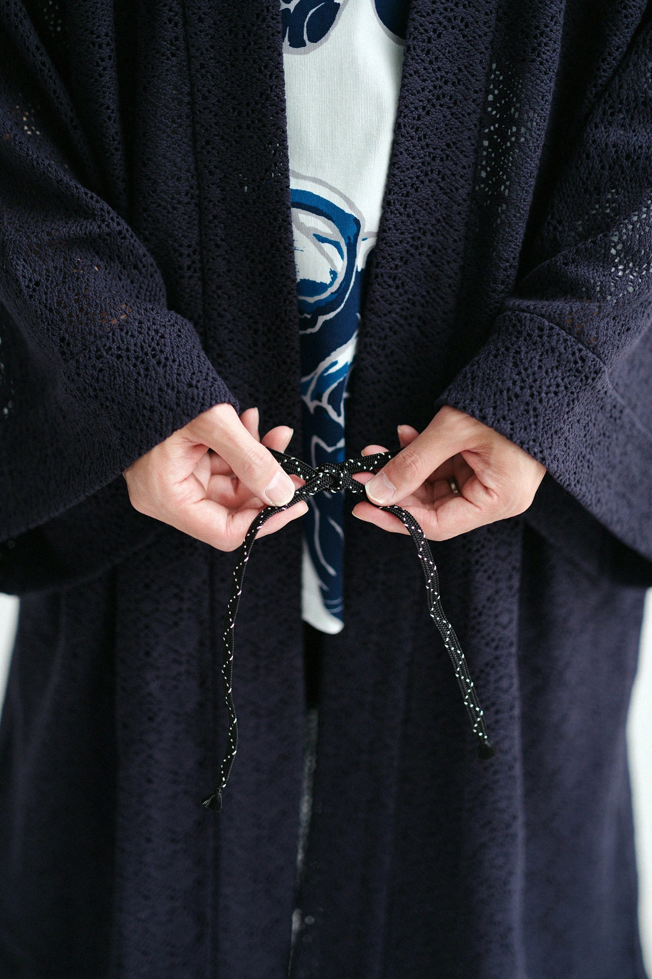 Hollow Out Geometric Embroidery Hanten Long-sleeved Jacket Mid-length Single Layer／Dark Navy