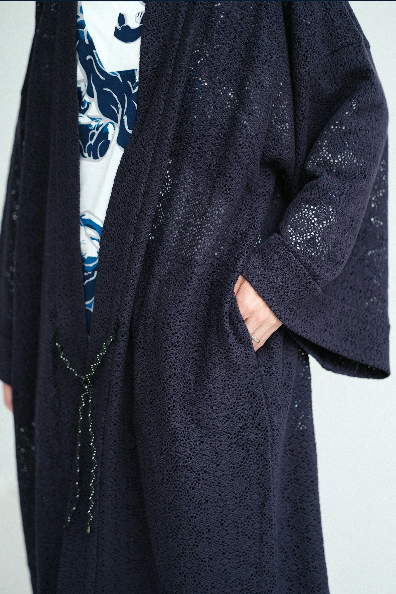 Hollow Out Geometric Embroidery Hanten Long-sleeved Jacket Mid-length Single Layer／Dark Navy