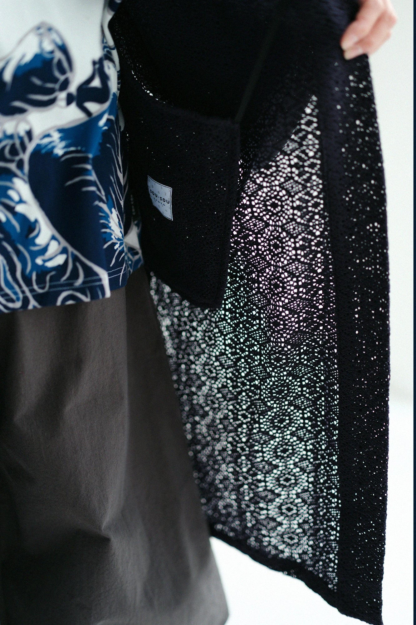 Hollow Out Geometric Embroidery Hanten Long-sleeved Jacket Mid-length Single Layer／Dark Navy