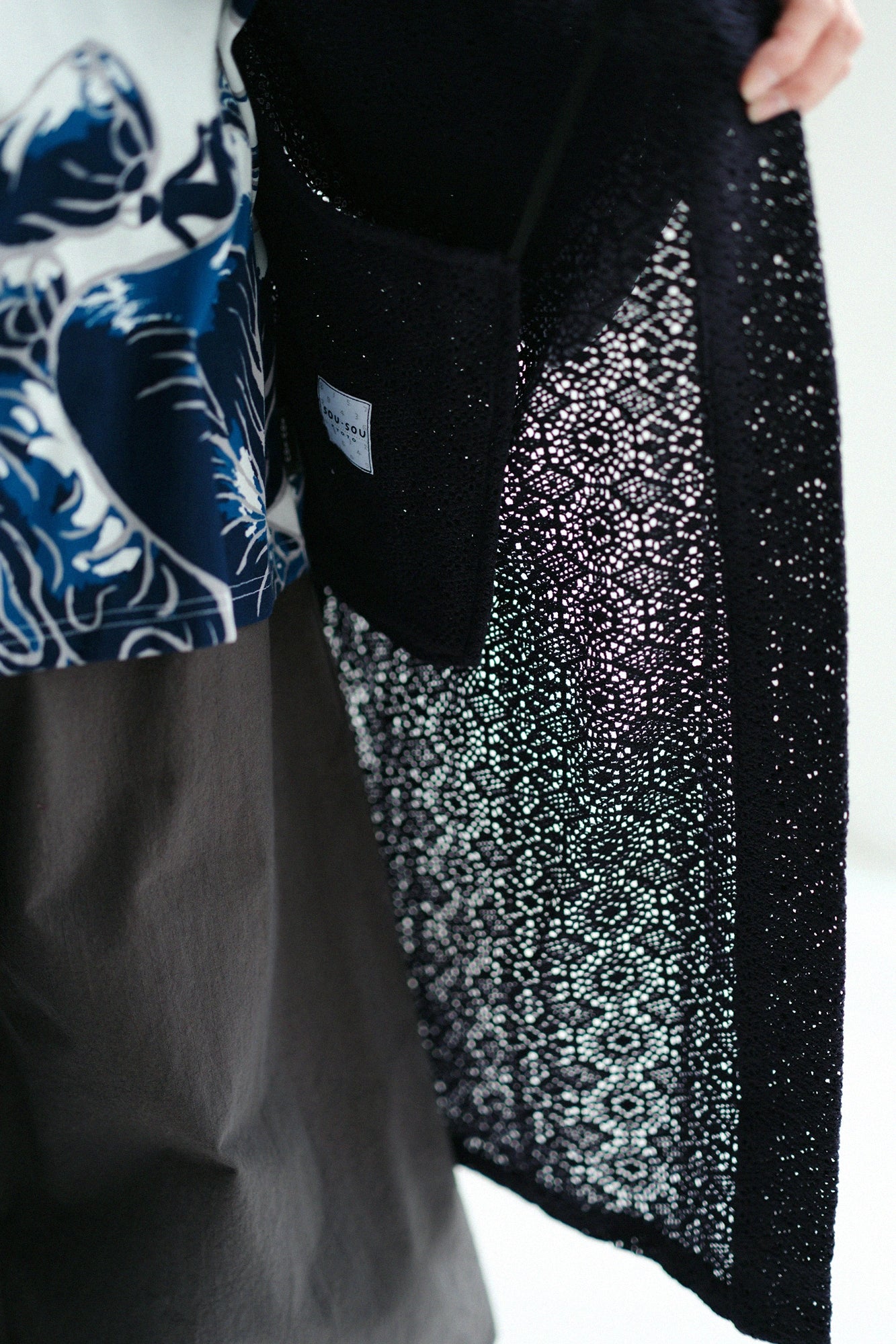 Hollow Out Geometric Embroidery Hanten Long-sleeved Jacket Mid-length Single Layer／Dark Navy
