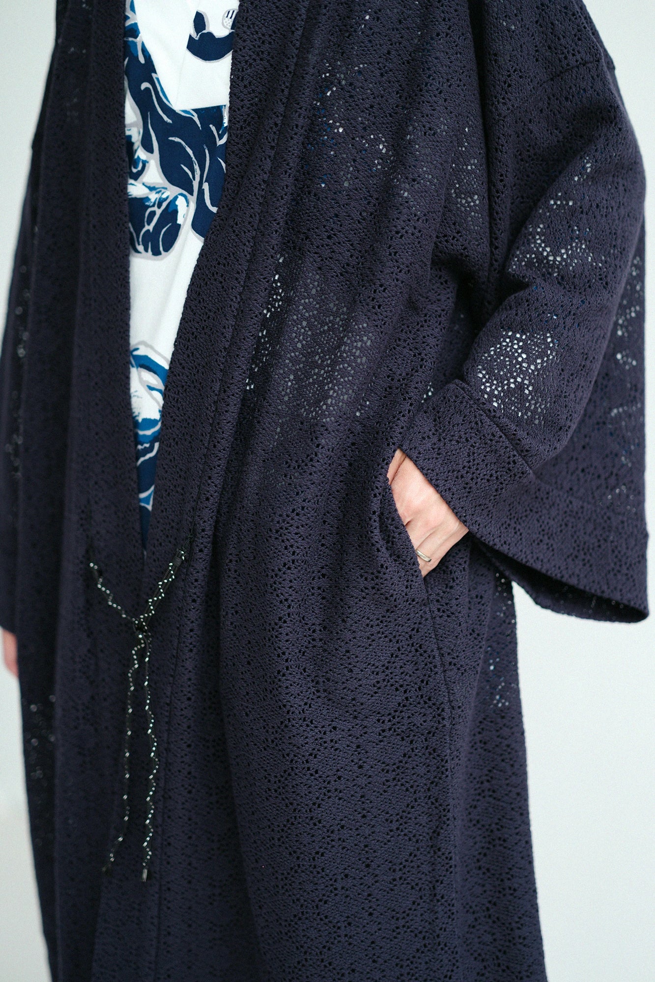 Hollow Out Geometric Embroidery Hanten Long-sleeved Jacket Mid-length Single Layer／Dark Navy