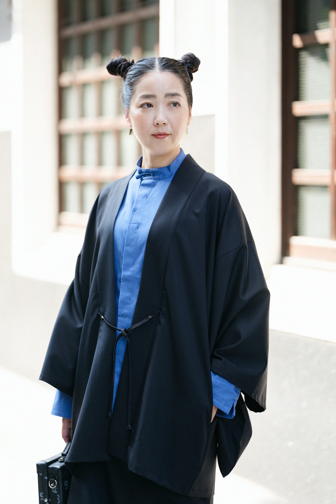 42 Count 2-ply Combed Yarn Square Sleeve Hanten Jacket Single Layer / Black