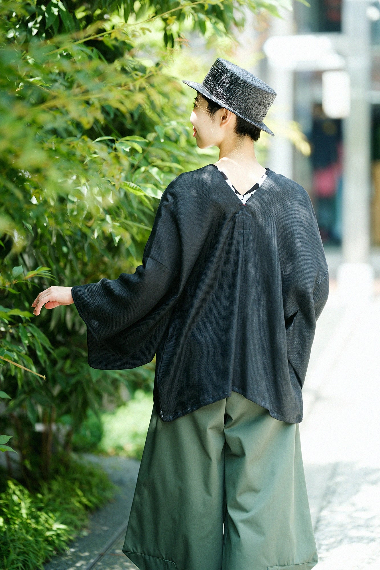 麻 方平織 外披／黑色
