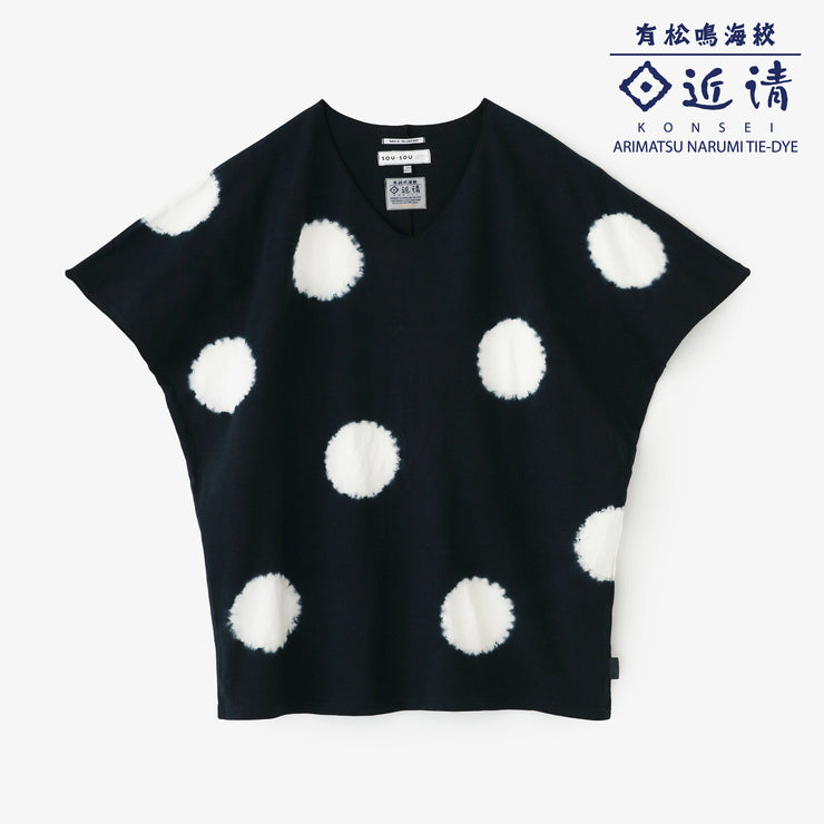Konsei Tie-dye Cotton Washi Plain Stitch Cap Sleeve Top／Large Polka Dots  Black×White