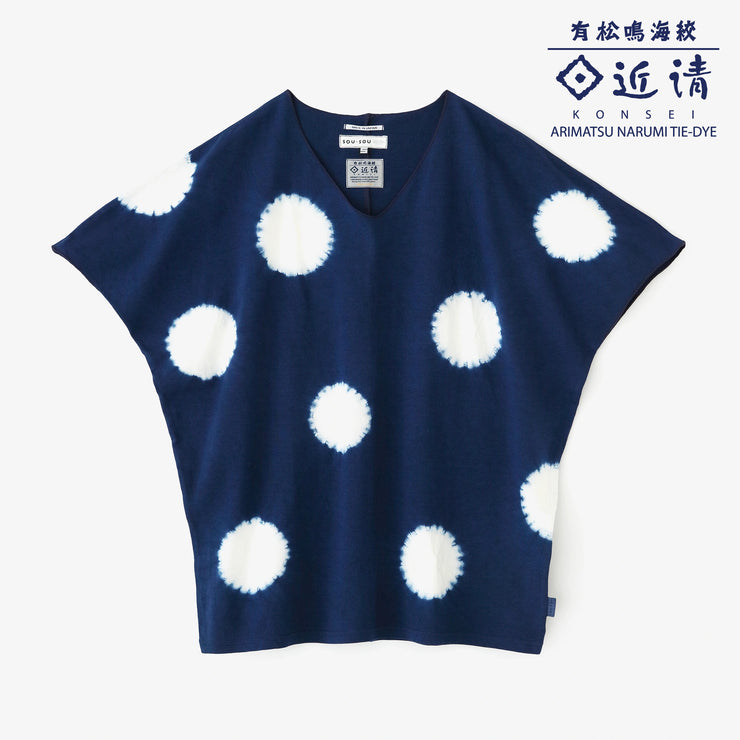 Konsei Tie-dye Cotton Washi Plain Stitch Cap Sleeve Top／Large Polka Dots  Dark Blue×White
