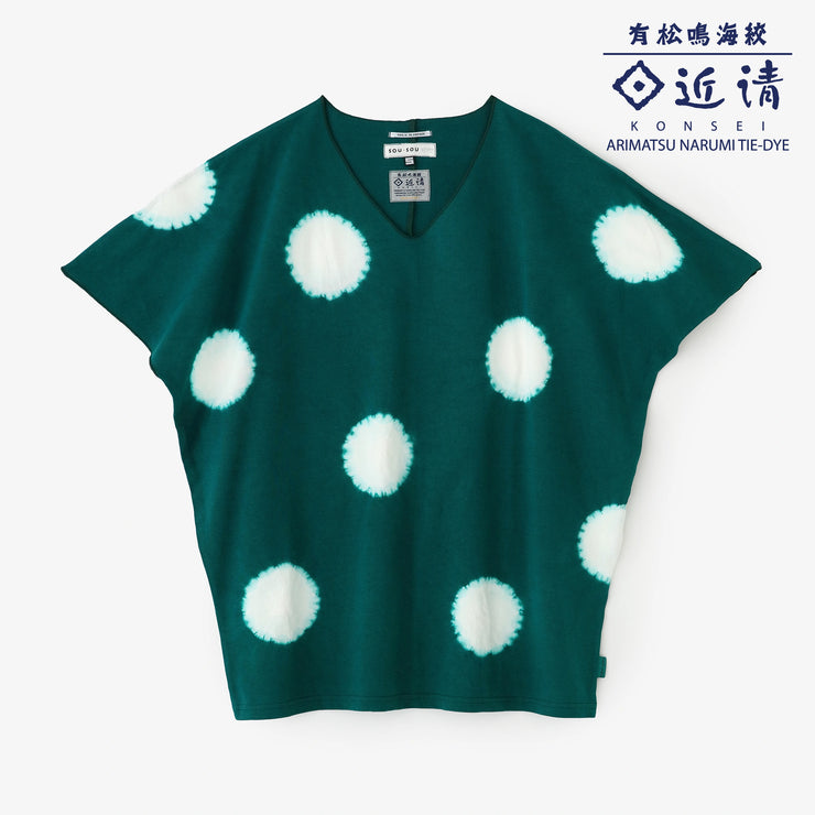 Konsei Tie-dye Cotton Washi Plain Stitch Cap Sleeve Top／Large Polka Dots  Green×White
