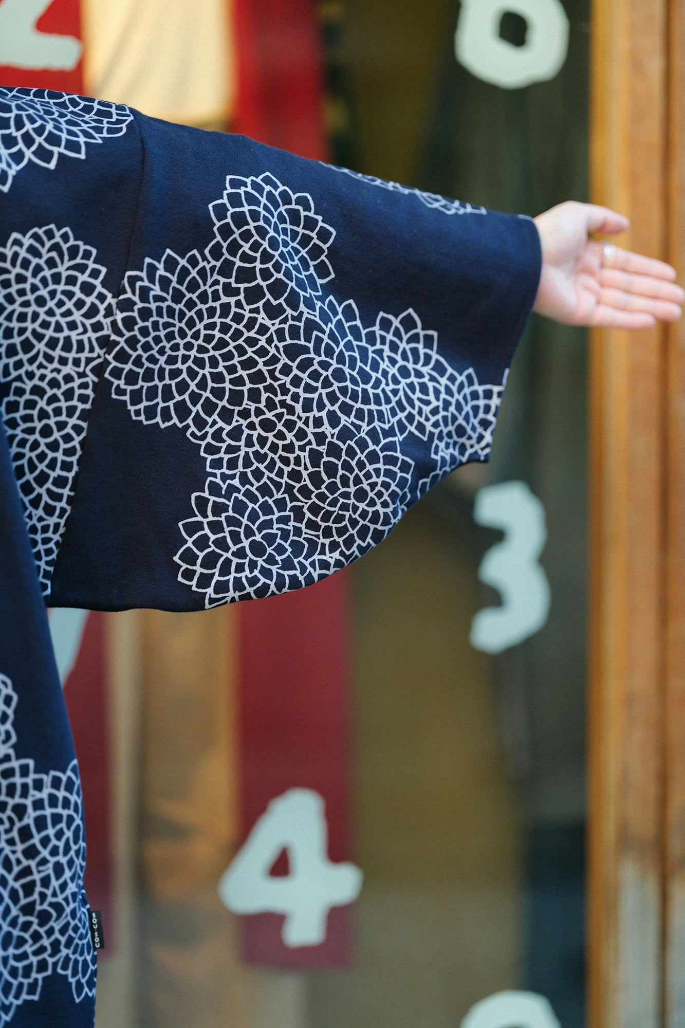 Fleece Turtle Neck Naginata Rectangular Dress / Chrysanthemum in Clouds and Blank Dark Blue