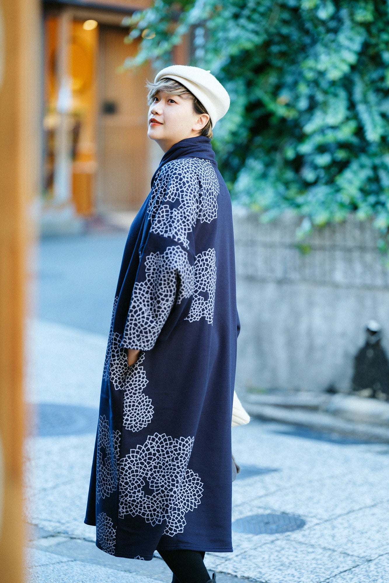 Fleece Turtle Neck Naginata Rectangular Dress / Chrysanthemum in Clouds and Blank Dark Blue