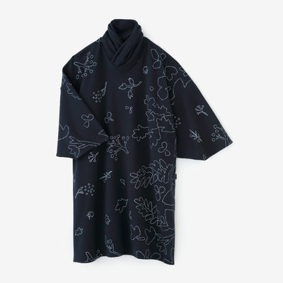 內抓毛 高領圓弧袖長方形洋裝／里山 搖曳 深藍色