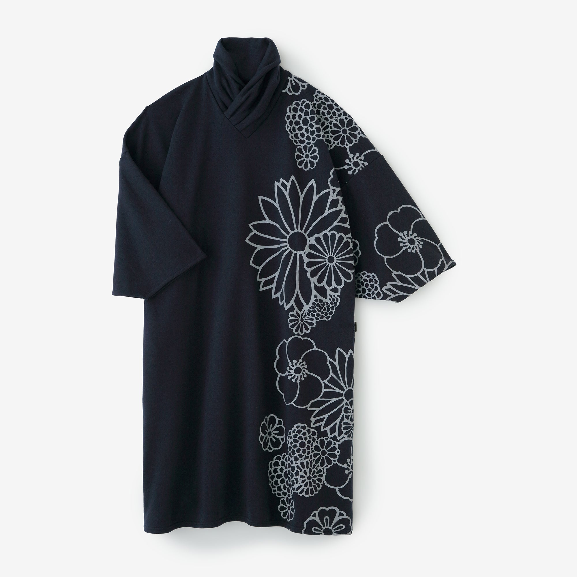 內抓毛 高領圓弧袖長方形洋裝／金襴緞子和留白 深藍色