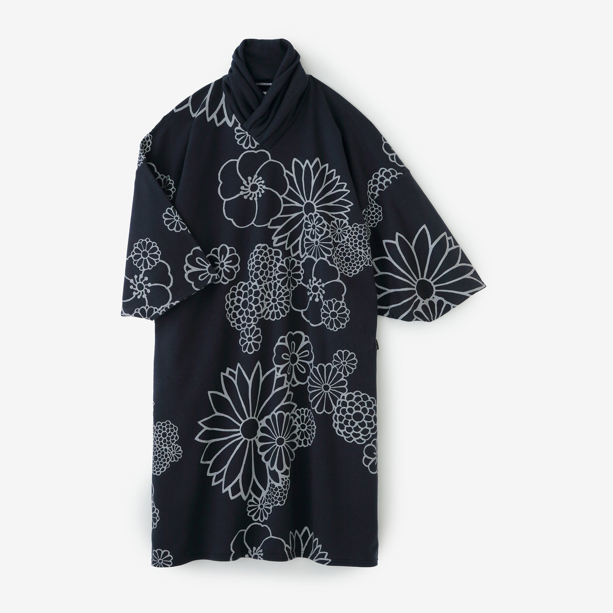 內抓毛 高領圓弧袖長方形洋裝／金襴緞子 深藍色