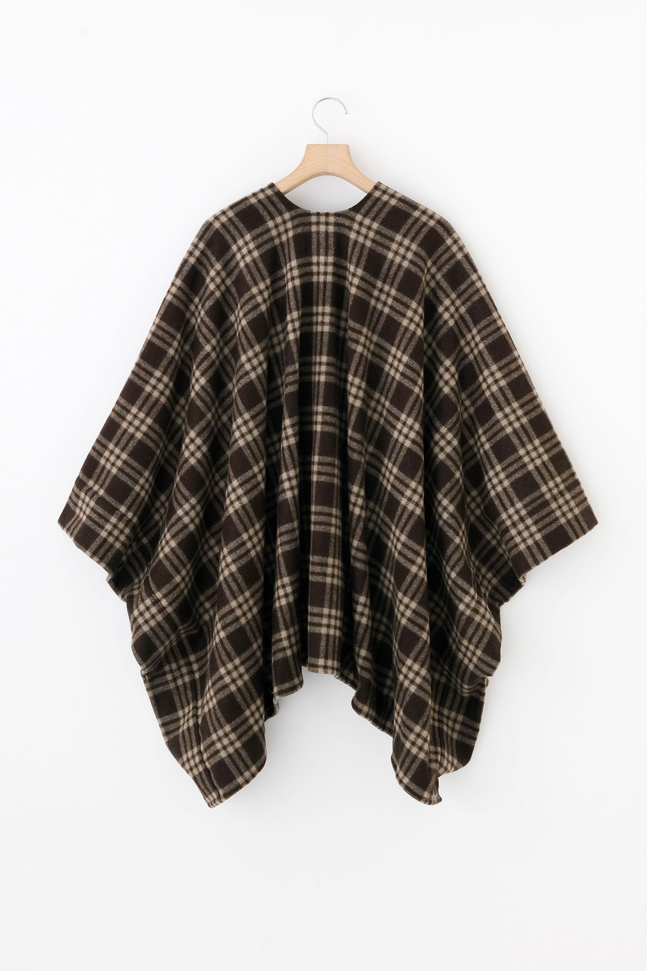 梳毛 格紋織 如月披風／棕色×榛果色