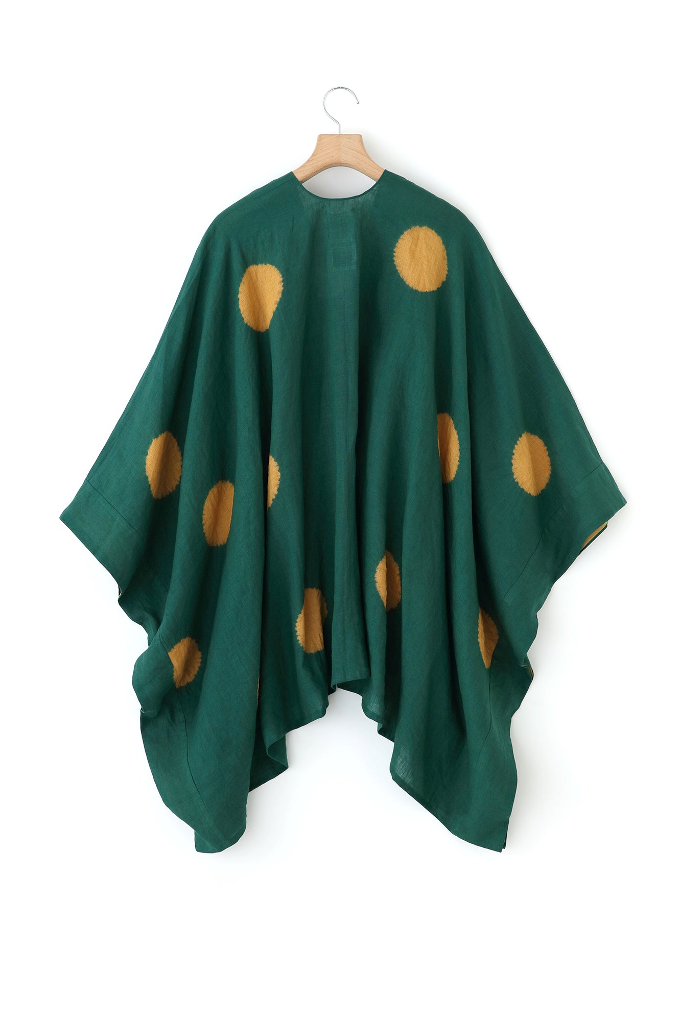 【Scheduled to ship around Mar 3】Konsei Tie-dye Linen Kisaragi Poncho／Large Polka Dots Evergreen×Golden Yellow