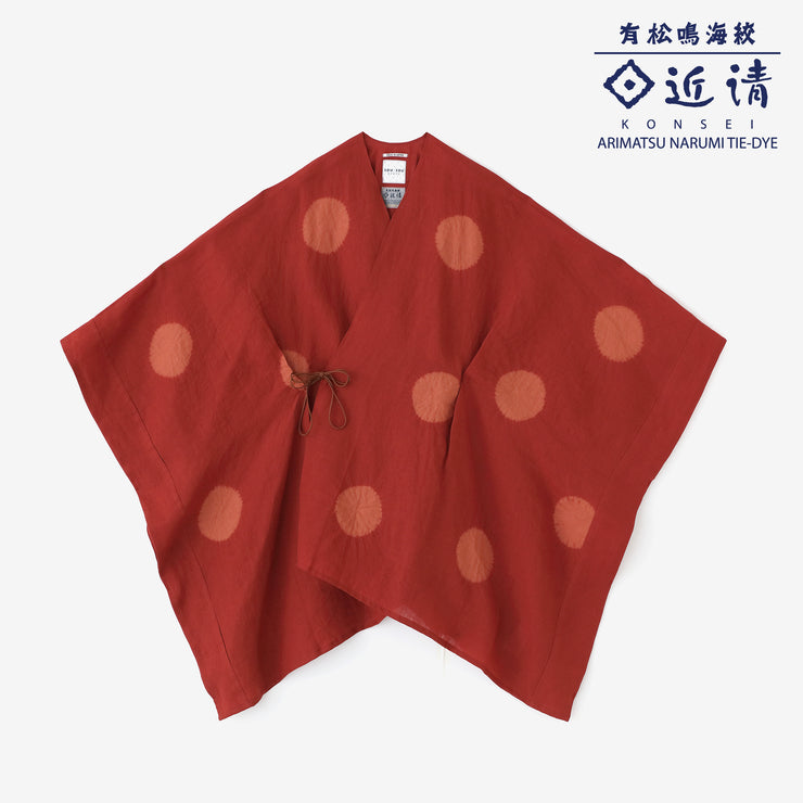 Konsei Tie-dye Linen Kisaragi Poncho／Large Polka Dots Dark Red×Reddish Yellow