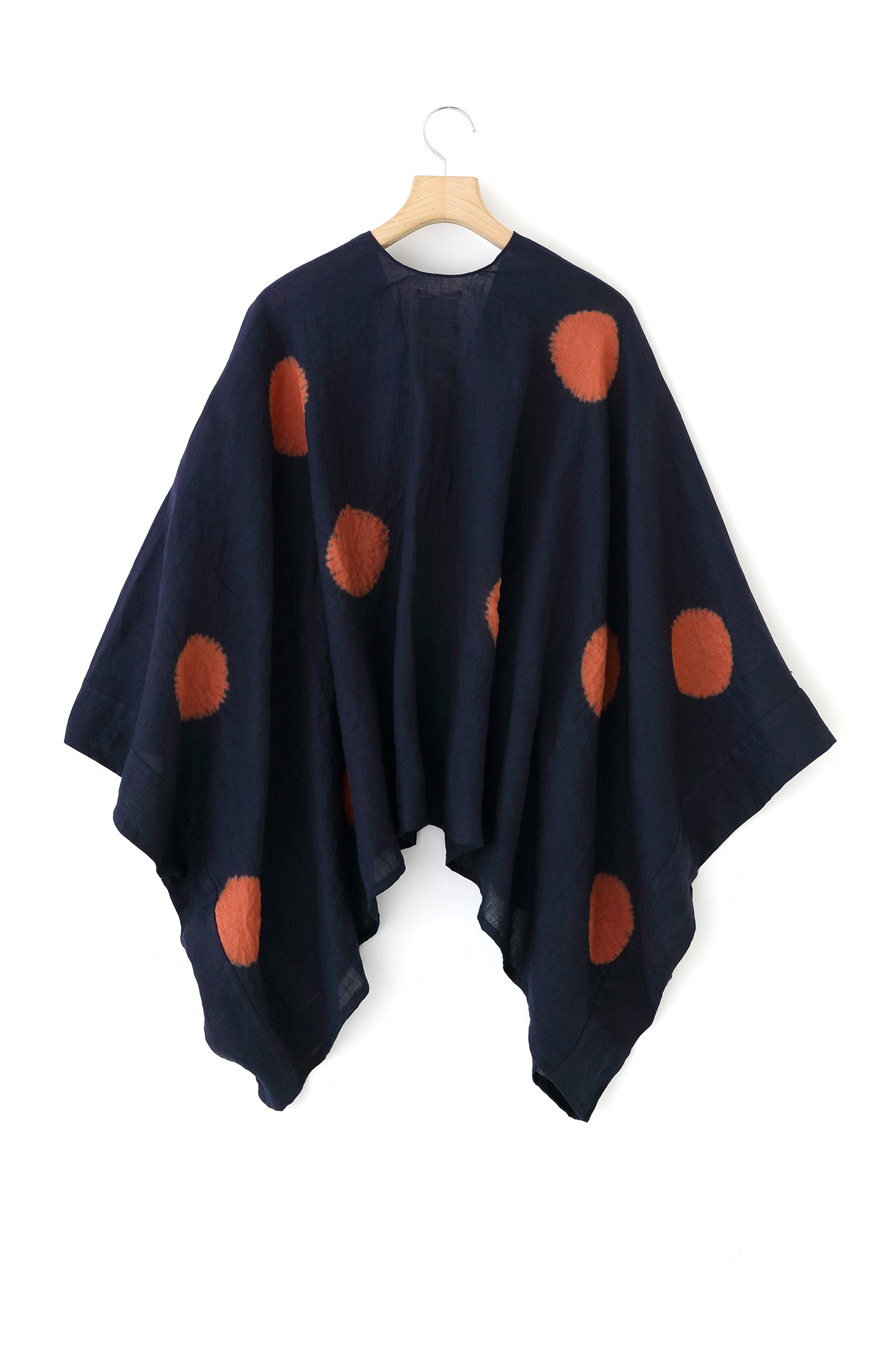 【Scheduled to ship around Mar 3】Konsei Tie-dye Linen Kisaragi Poncho Short／Large Polka Dots Bluish Purple×Reddish Yellow