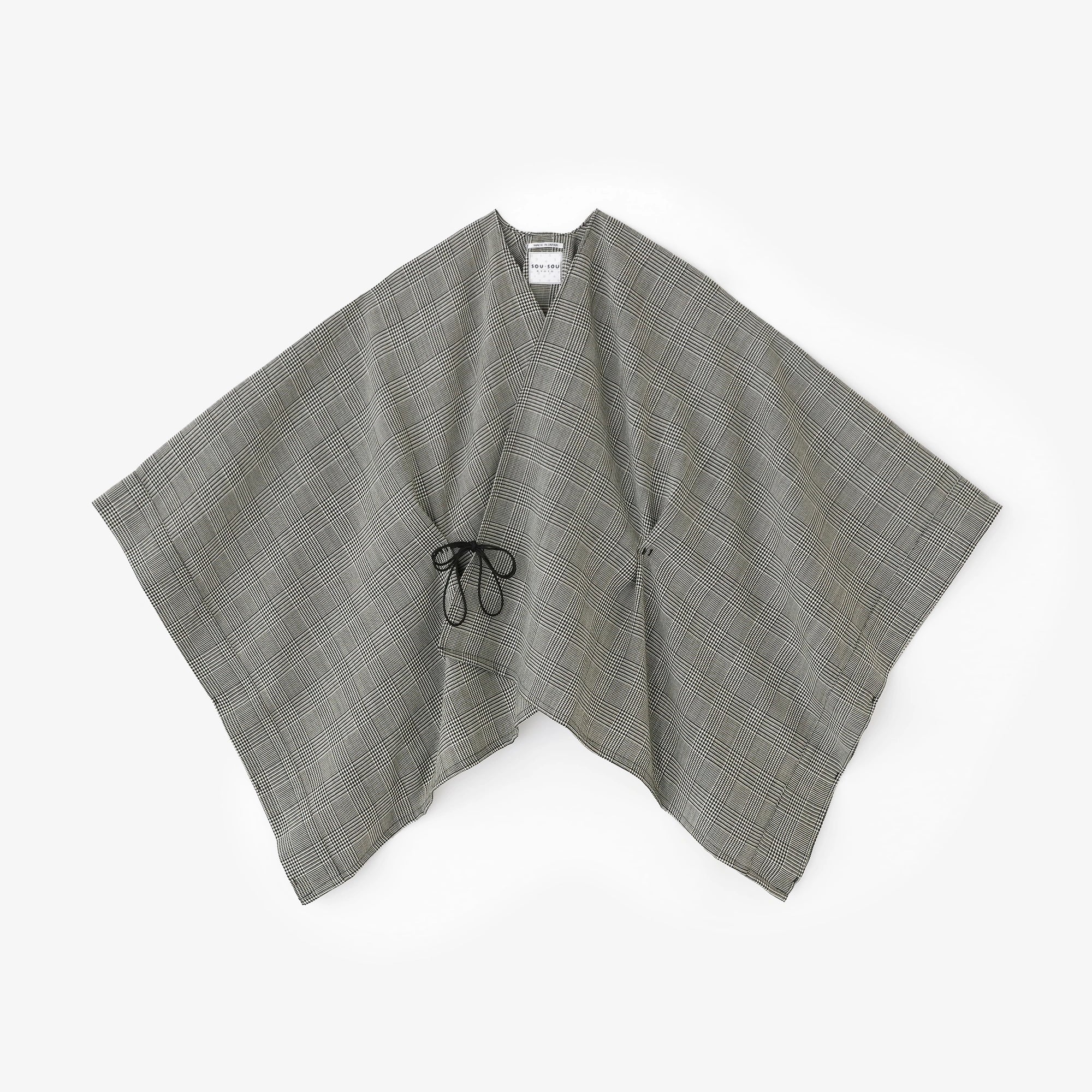 【9/22左右發貨】梳毛 格紋織 如月披風斗篷 短版／黑色×本白