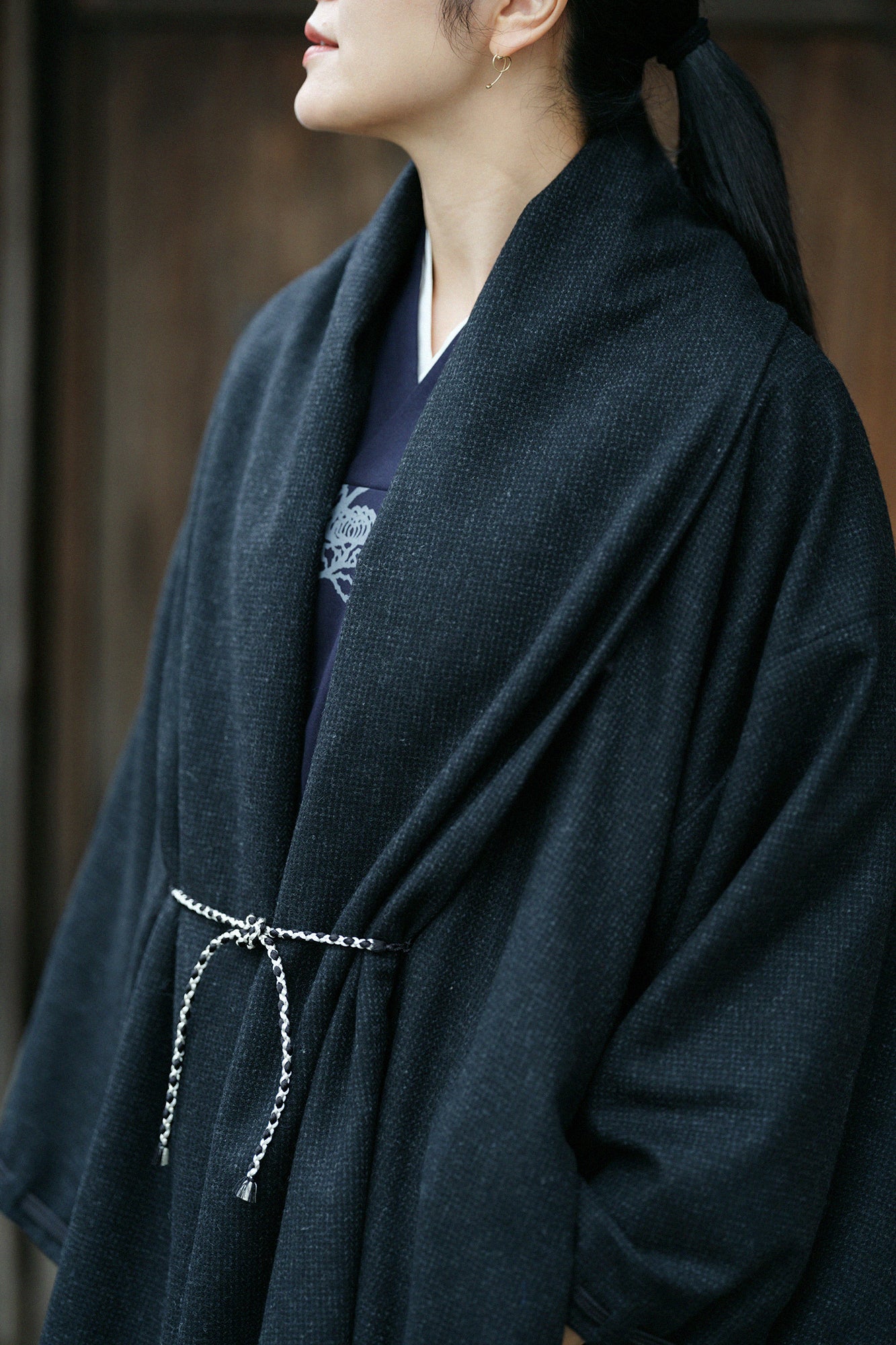 尾州粗花呢 宮中袖外套 中長 附裡襯／濃墨色