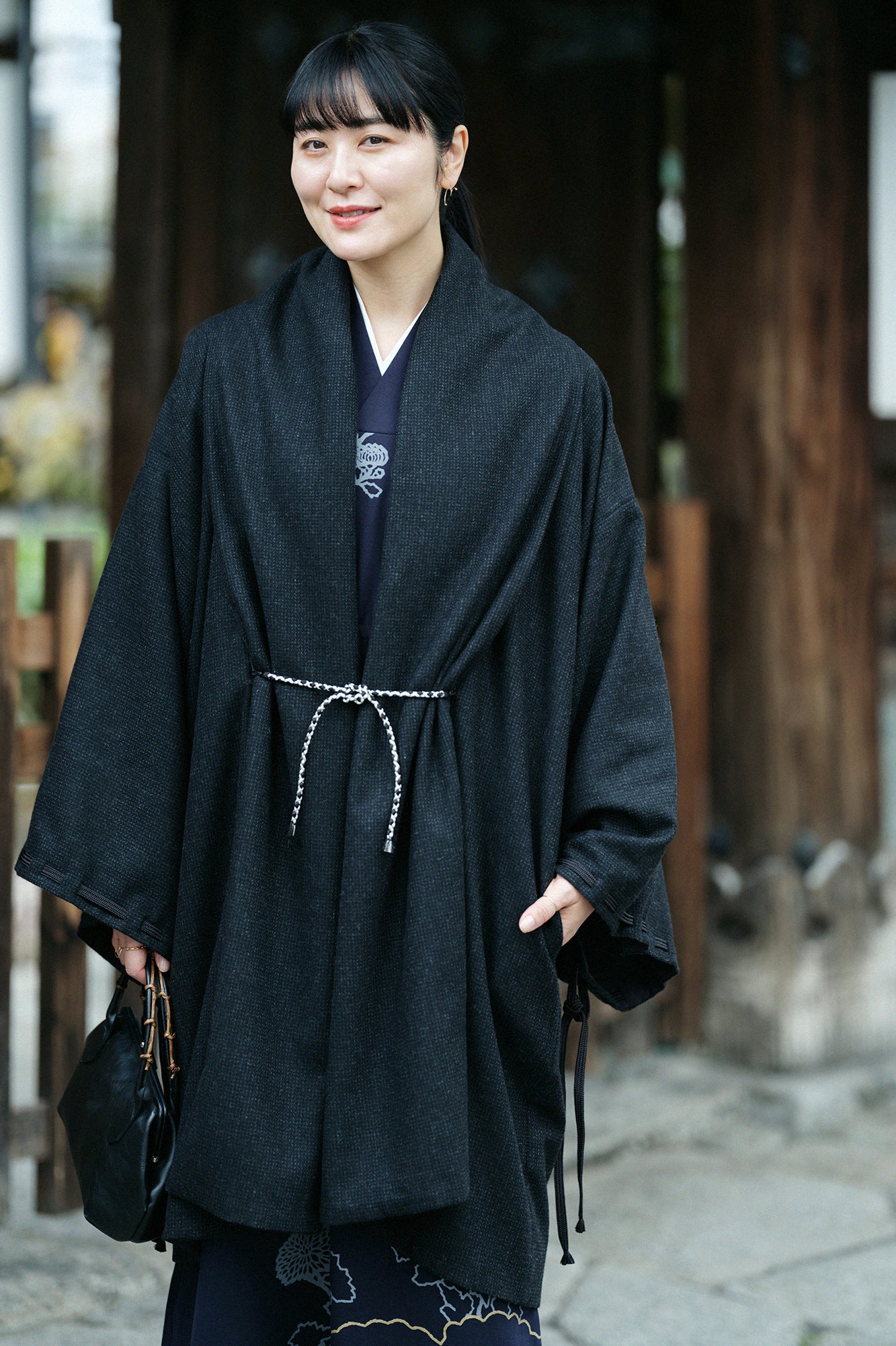 尾州粗花呢 宮中袖外套 中長 附裡襯／濃墨色