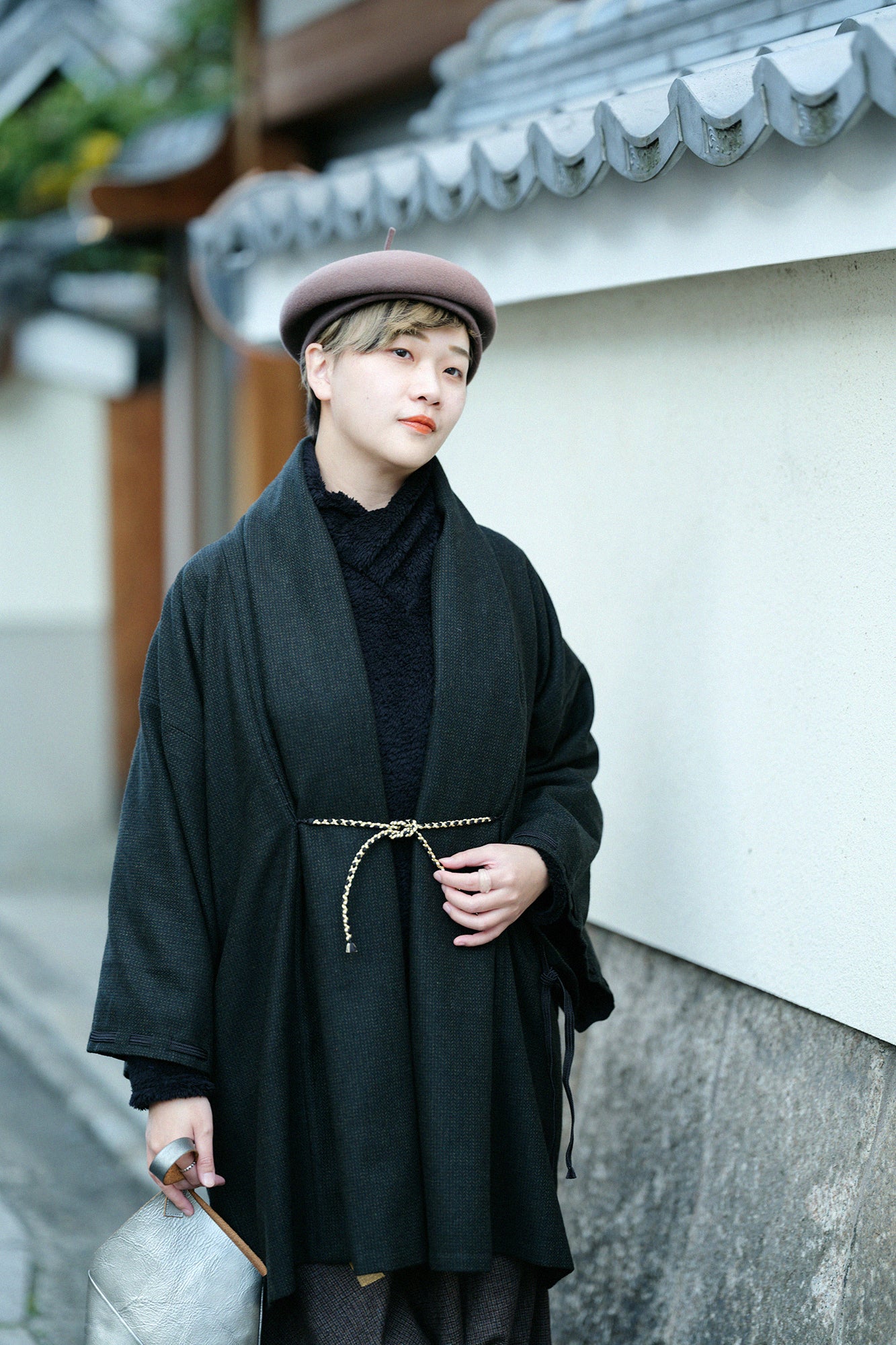 尾州粗花呢 宮中袖外套 中長 附裡襯／深棕色